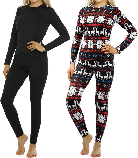 2 Sets Womens Thermal Underwear Set Long John Fleece Lined Top Bottom Base Layer