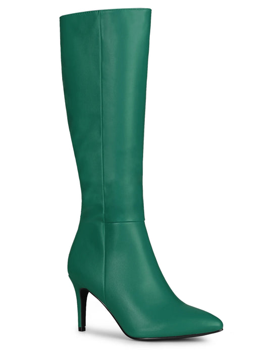 Women Pointed Toe Side Zipper Stiletto Heel Knee High Boots Silver 9