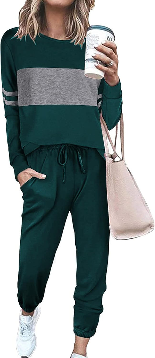 Women'S Color Block 2 Piece Tracksuit Crewneck Long Sleeve Tops Long Sweatpants Outfits Lounge Sets