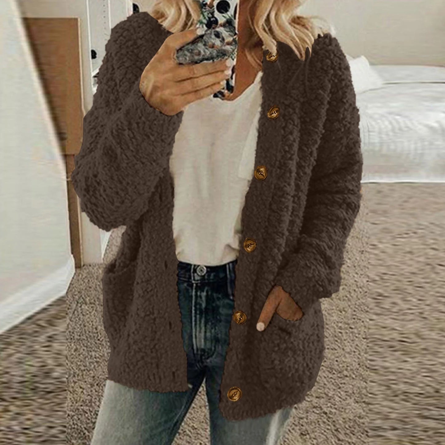 Besolor Warm Winter Coats for Womens Casual plus Size Fleece Open Front Button down Long Sleeve Jacket Outerwear